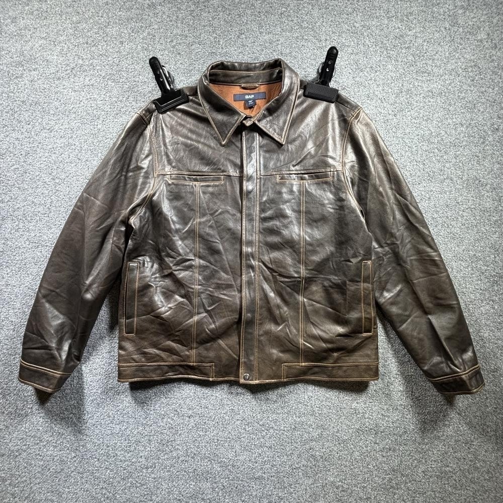 Vintage Gap Motorcycle Jacket Men's XL Brown Faux Leather Racing Riding Full-Zip